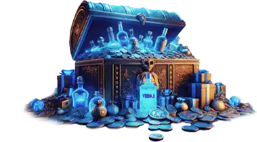 A treasure chest filled with coins and bottles of Vodka Casino, symbolizing the main tournament at Vodka Gambling Platform.