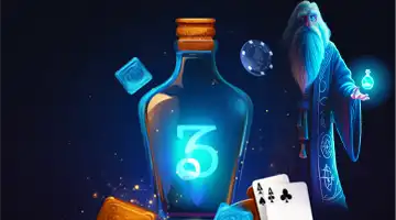 A glowing blue bottle and a wizard, representing the addition of new games at Vodka Gambling Platform.