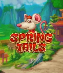 An enchanting illustration of a mouse dressed in traditional Chinese attire positioned in front of a scenic landscape with mountains. The image promotes the Spring Tails game by Betsoft, highlighted with bold gold and red logo lettering.