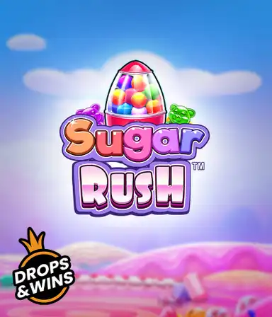 Скриншот игрового автомата Sugar Rush от Pragmatic Play, демонстрирующее разноцветный мир конфет и сладостей. На изображении видны иконки в виде конфет и желейных мишек, окруженные яркой атмосферой. В верхней части расположен логотип игры Sugar Rush, подчеркивающий сахарную тематику игры.